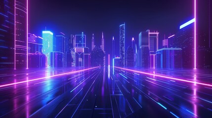 Fototapeta premium An abstract city building at night with a futuristic neon light trail on a dark background, with a glowing light in the background of the render.