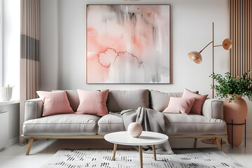 Grey sofa with pink pillows and blanket against white wall with abstract art poster. Interior design of modern living room. Created with generative AI