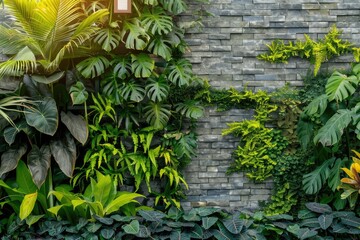 A brick wall overgrown with lush green plants