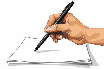 An artistic illustration of a hand holding a black rollerball pen over a blank sheet of paper, capturing the essence of creativity and inspiration.