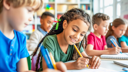 Smiling girl with braids sitting and writing in classroom with other children . Positive learning and friendly enviroment in a school concept.