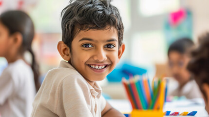 A smiling boy with dark hair looking to camera in a classroom surrounded classmates. Positive, friendly atmosphere, education, learning, back to school concept.