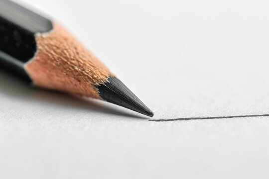 A detailed close-up of a mechanical pencil tip creating a precise line on a blank sheet of paper against a clear white background.