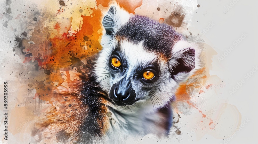 Canvas Prints Colorful illustration of a lemur with bright orange eyes, ideal for use in children's books or educational materials