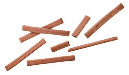 Set of cookie sticks flying close-up on white background.