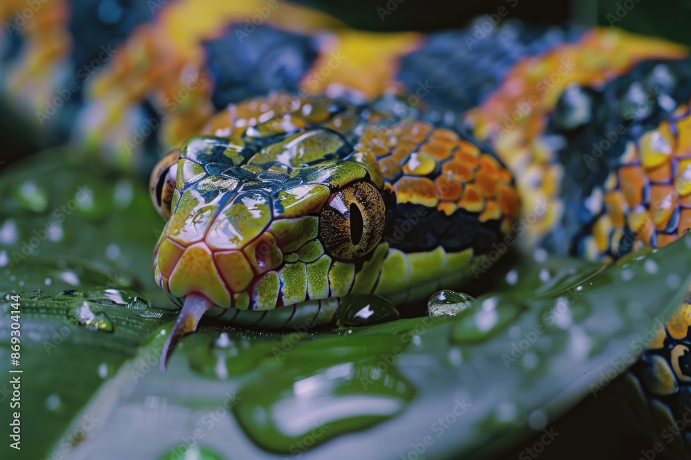Poster a close-up view of a snake resting on a leaf, natural habitat scene