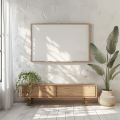 Modern farmhouse living room featuring a wooden frame on a blank wall and a large leafy plant on the right side.