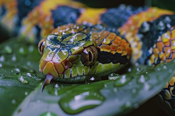 A close-up view of a snake resting on a leaf, natural habitat scene