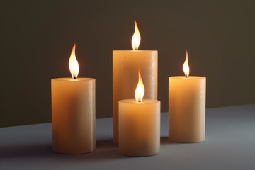 Three candles sit on a table, providing soft light