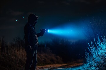 The image shows a hooded man looking at a blue light at night