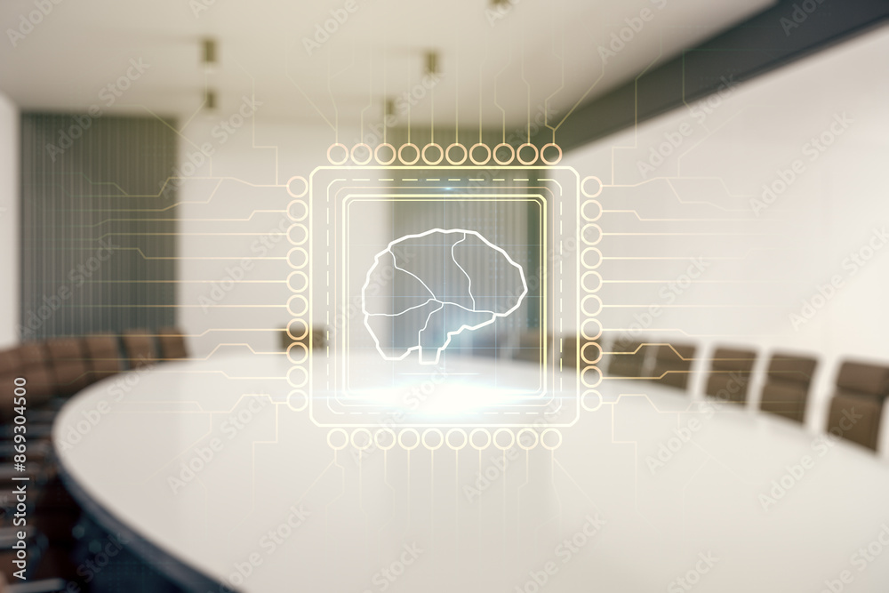 Poster Double exposure of creative artificial Intelligence interface on a modern meeting room background. Neural networks and machine learning concept