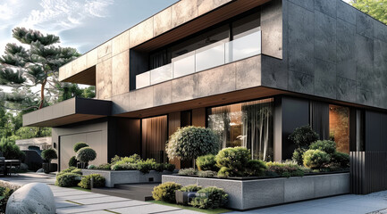 Fototapeta premium A seamless facade and fencing, both made from large-format grey stone effect panels and wood. Generative AI.