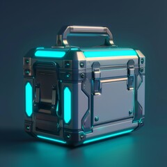 A futuristic sci-fi box container isolated on a metallic background. It is used in military equipment and video games.