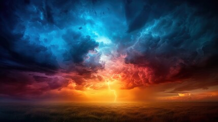 Obraz premium A dramatic sunset storm with vibrant colors lighting up the sky, creating a blend of dark clouds and a radiant horizon.