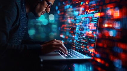 A focused programmer working on a laptop with code displayed on the screen. Concept of software development, programming, and technology.