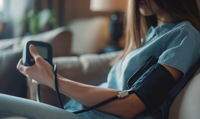 Hypotension problem, close up hand of young woman check pulse, measure high blood pressure heart rate, holding digital pressure monitor, making self on arm, cuff on sofa at home. Healthcare medical