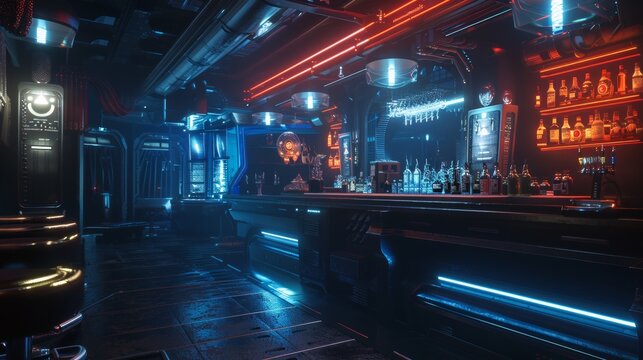 Interior of a dark and futuristic alien drinks bar. 3D rendering in the genre of science fiction or cyberpunk fantasy.