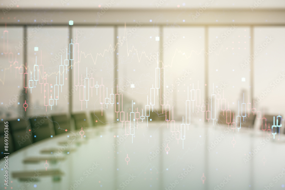 Aufkleber multi exposure of virtual abstract financial graph interface on a modern coworking room background, 