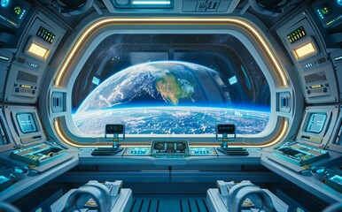 Obraz premium An interior view of a white space ship with glowing blue and red lights, viewed from a large window, showing the planet Earth from space. 3D rendering.