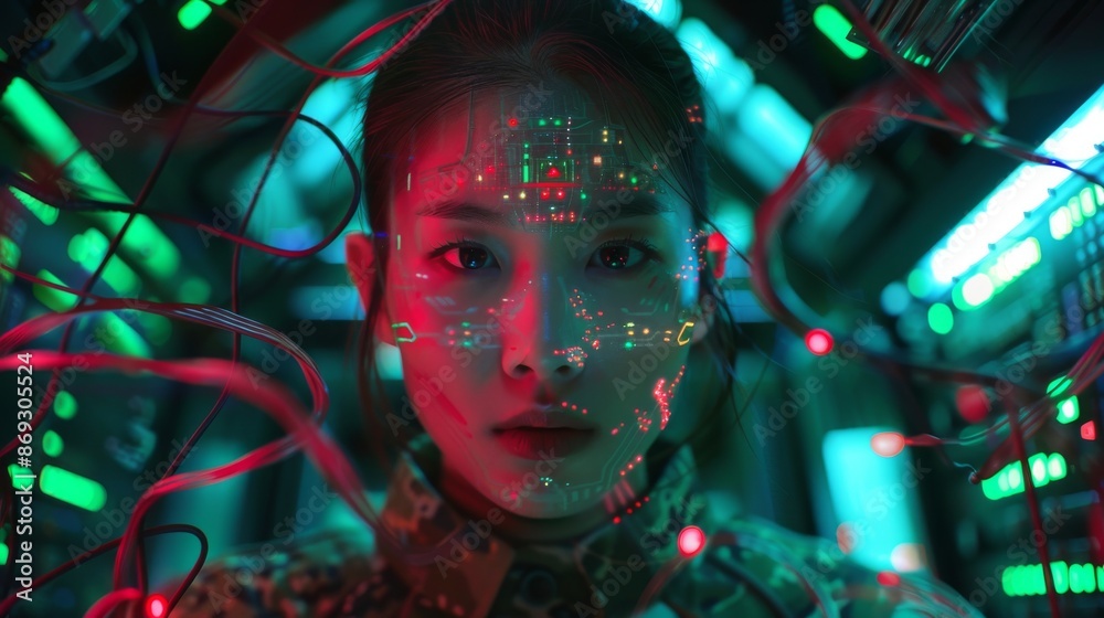 Poster Cyberpunk girl looks at computer screen. Wears futuristic one-eyed glasses and microphone. Looks at camera. Background has a sci-fi and computer sci-fi theme.