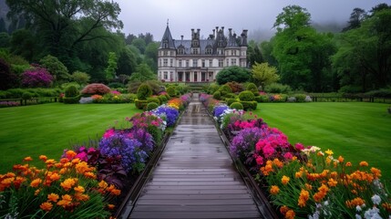 Obraz premium Elegant castle surrounded by lush gardens with vibrant flowers and manicured lawns, creating a picturesque and serene landscape.