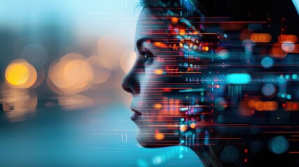 Futuristic digital overlay on human profile with a blend of technology and data visualization concepts, symbolizing innovation and connectivity.