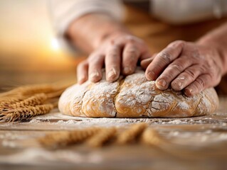Hands kneading dough on a floured surface with wheat in the background, representing the art of traditional bread baking.