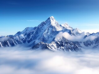 Majestic snowy mountain peak emerging through the clouds against a clear blue sky, perfect for landscape and nature themes.