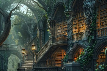 Naklejka premium Ruins of a fantasy library in a mechanical botanical garden of the future