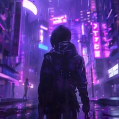 Animated cyberpunk character looking into the back of a futuristic urban city. Stock.