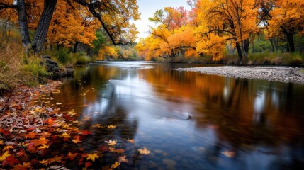 Obraz premium Serene autumn landscape with vibrant fall foliage reflecting in a calm river, framed by trees with orange and yellow leaves.