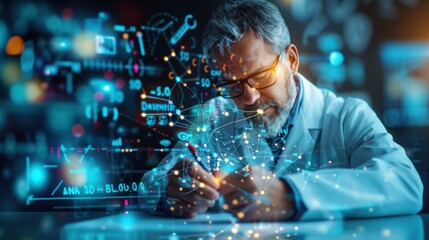 Scientist working in a high-tech laboratory with a holographic data interface, showcasing scientific research and technological advancements.
