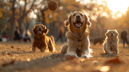 Friends playing fetch with their dogs in a sunlit park, capturing the joy of friendship and pets