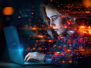 Woman using laptop with futuristic digital overlay, representing technology, innovation, and software development.