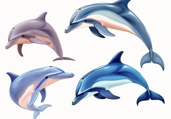 Fototapeta premium A clipart icon of cute blue cartoon dolphins in various characters on a clear background, showing bottlenose dolphins performing.