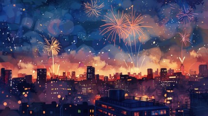 Fototapeta premium City skyline at night with colorful fireworks lighting up the sky, celebrating a festive occasion with vibrant displays of lights.