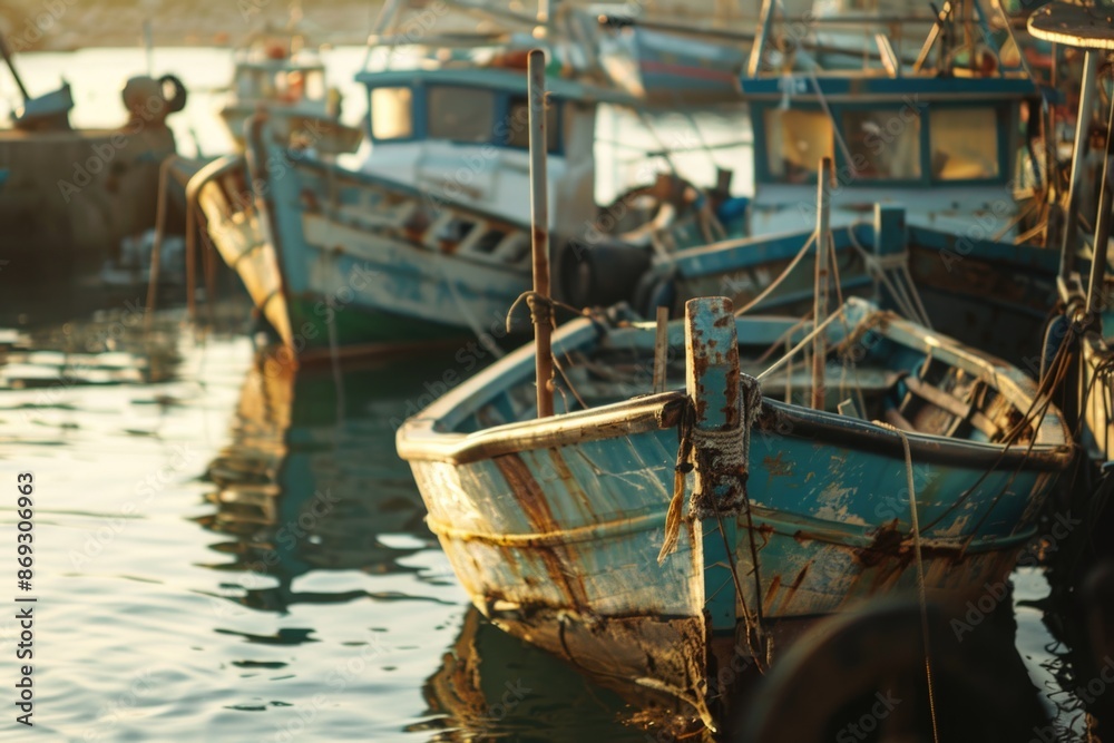 Poster a group of boats floating on the surface of the water, potentially used for leisure or recreational 