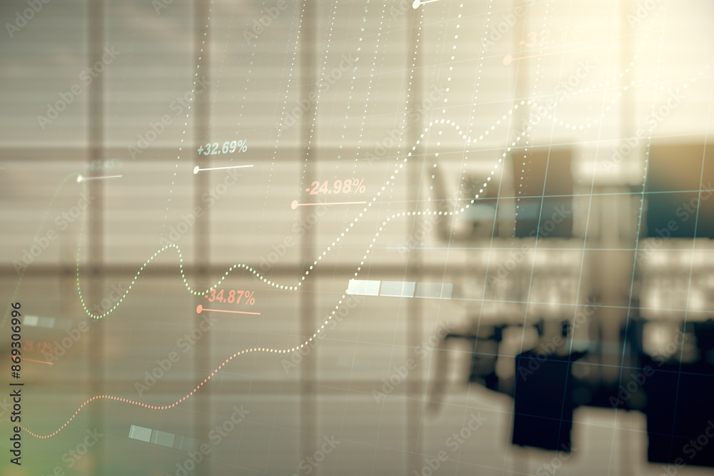 Poster multi exposure of stats data illustration on a modern conference room background, computing and anal