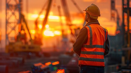 Obraz premium construction supervisor in reflective vest and hard hat overlooking construction site at sunset, cranes in background