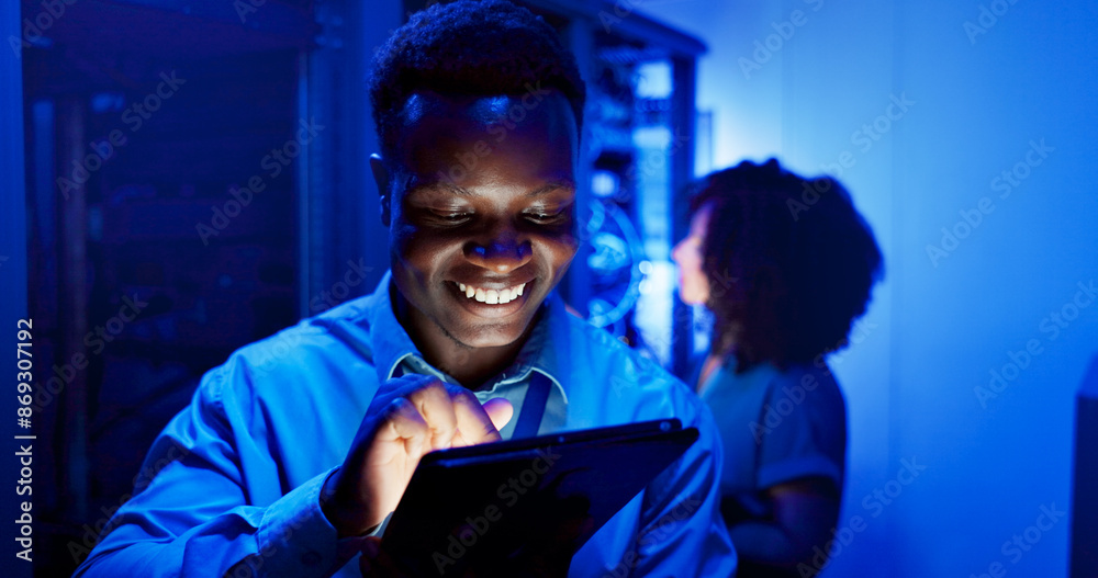 Aufkleber Man, tablet and server room at night for technology, maintenance in dark data center with neon. Male person, digital information and cloud computing with app, network programming or problem solving