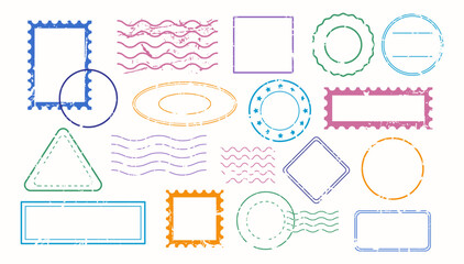 Stamps color blank frames in vintage outline style. Postmarks grunge ink rubber labels sign collection. Postal elements set