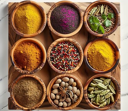 Assortment of Spices in Wooden Bowls on a Cutting Board