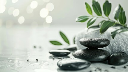 Obraz premium Spa Stones, Greenery and Water Drops on a White Surface