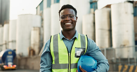 Industrial, engineer and black man with portrait at construction site for maintenance, building...