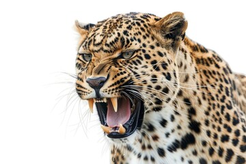 Fototapeta premium The roaring of a Leopard or Cheetah isolated on a transparent background, Panthera pardus looking at camera, is a wildlife portrait