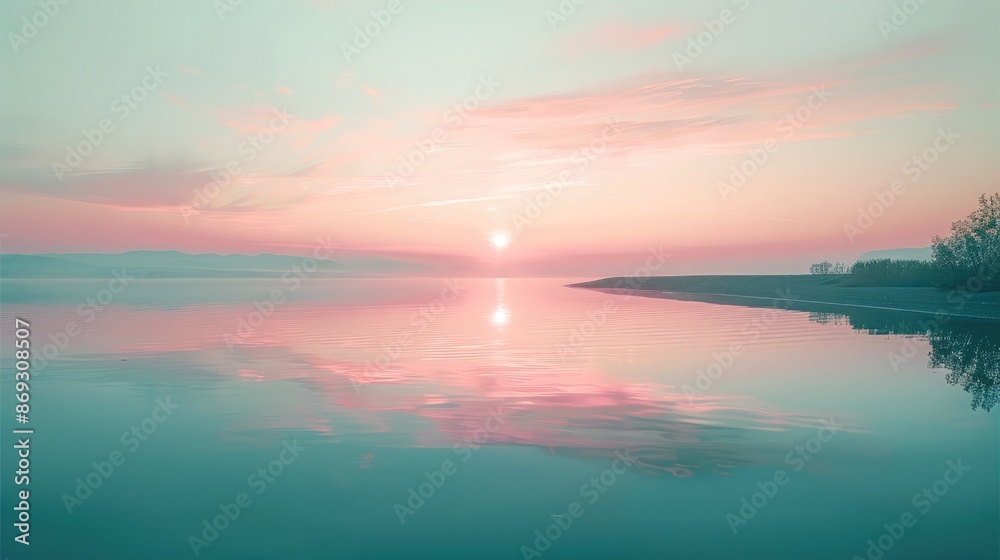 Poster a soft pink sunset reflected in a calm mint green lake, creating a serene and peaceful scene. genera