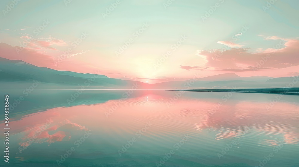 Poster a soft pink sunset reflected in a calm mint green lake, creating a serene and peaceful scene. genera