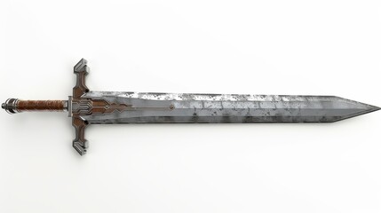 Science-fiction lance with shield. Knight's spear with scratched white and gray metal. Sci-fi lance with luminous orange elements. White background 3D rendering.