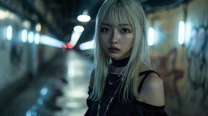 金髪の若い日本人女性　夜