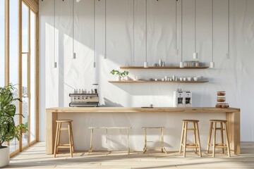 The interior design of a cafe or coffee shop bar shop in clean minimalist style, decorated in warm tones and relaxing tones with chrome, ivory, and white round counters.
